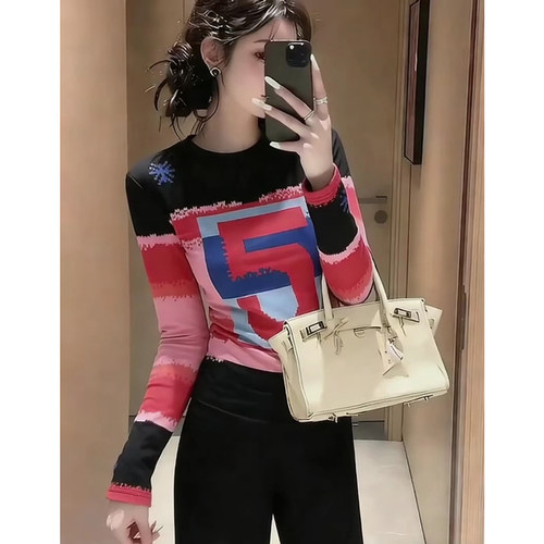 条纹数字印花T恤修身复古小众