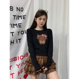 圆领豹纹大头猫印花T恤复古减龄卡通百搭长袖 打底衫 女2025秋新款