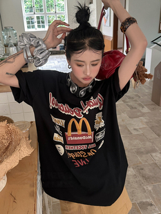 休闲复古情侣短袖 T恤女2024圆领潮牌字母设计印花中长款 新款 夏季