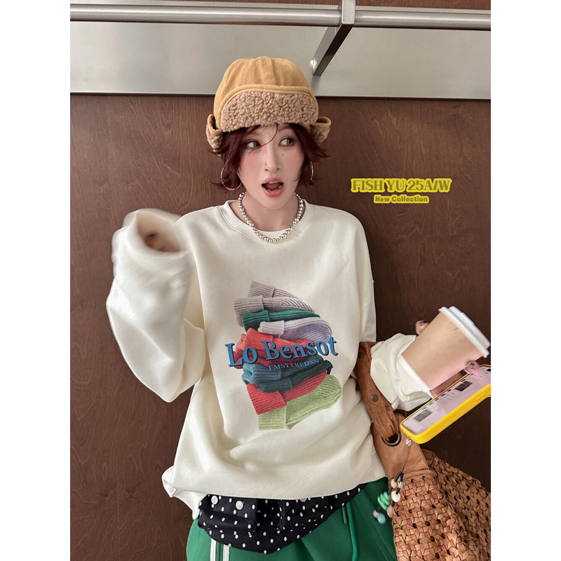 帽子拼接印花T恤复古潮牌加绒