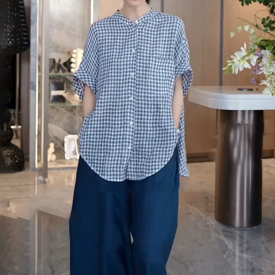 大码慵懒风休闲格子短袖衬