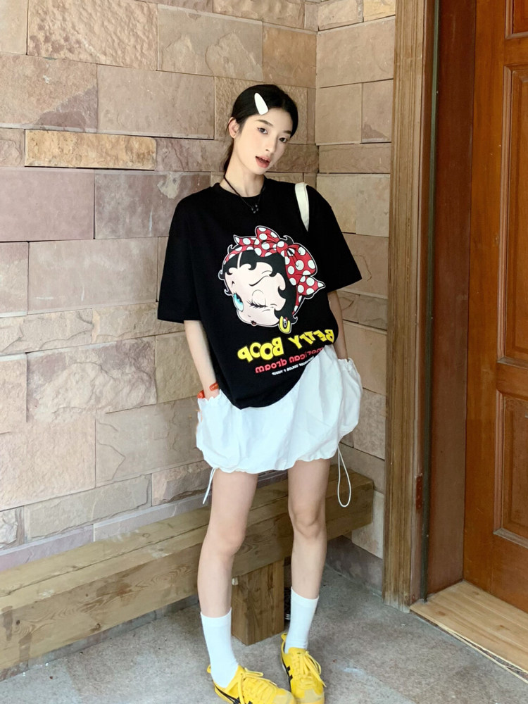 夏季新款T恤女2025圆领卡通发带女孩中长款显瘦百搭时尚纯棉短袖
