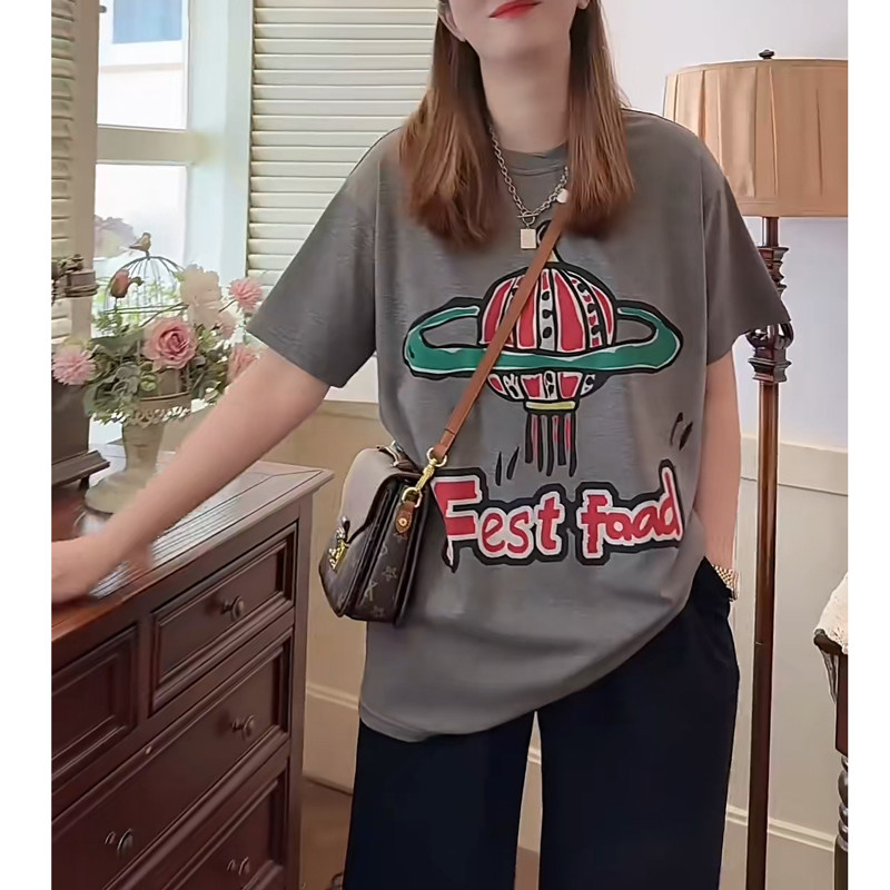 手绘星球字母印花T恤中长款休闲宽松纯棉短袖2025夏季新款上衣女