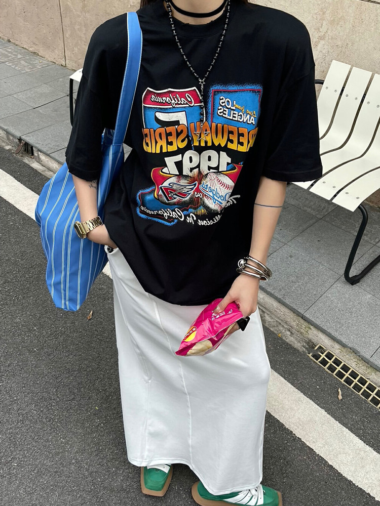 夏季新款T恤女2026圆领棒球字母印花美式复古中长款情侣潮牌短袖
