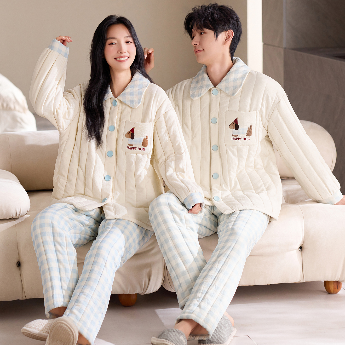 情侣睡衣冬季三层夹棉一男一女