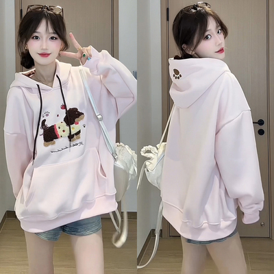 小狗刺绣连帽卫衣女秋冬季2025新款加绒加厚宽松韩版可爱粉色外套