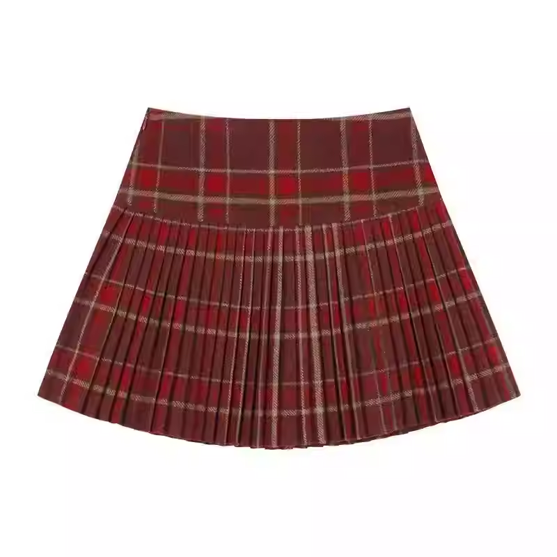 复古红色格子毛呢百褶裙时尚百搭半身裙女春季高腰a字防走光短裙