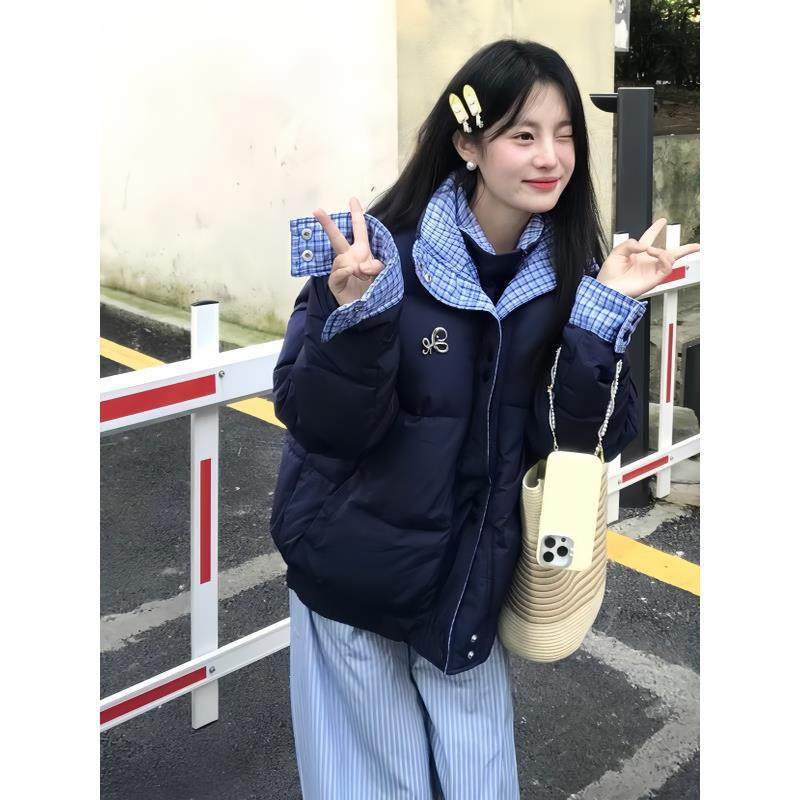 2025冬季新款棉服女显瘦韩系拼接假两件学生小个子加厚保暖面包服