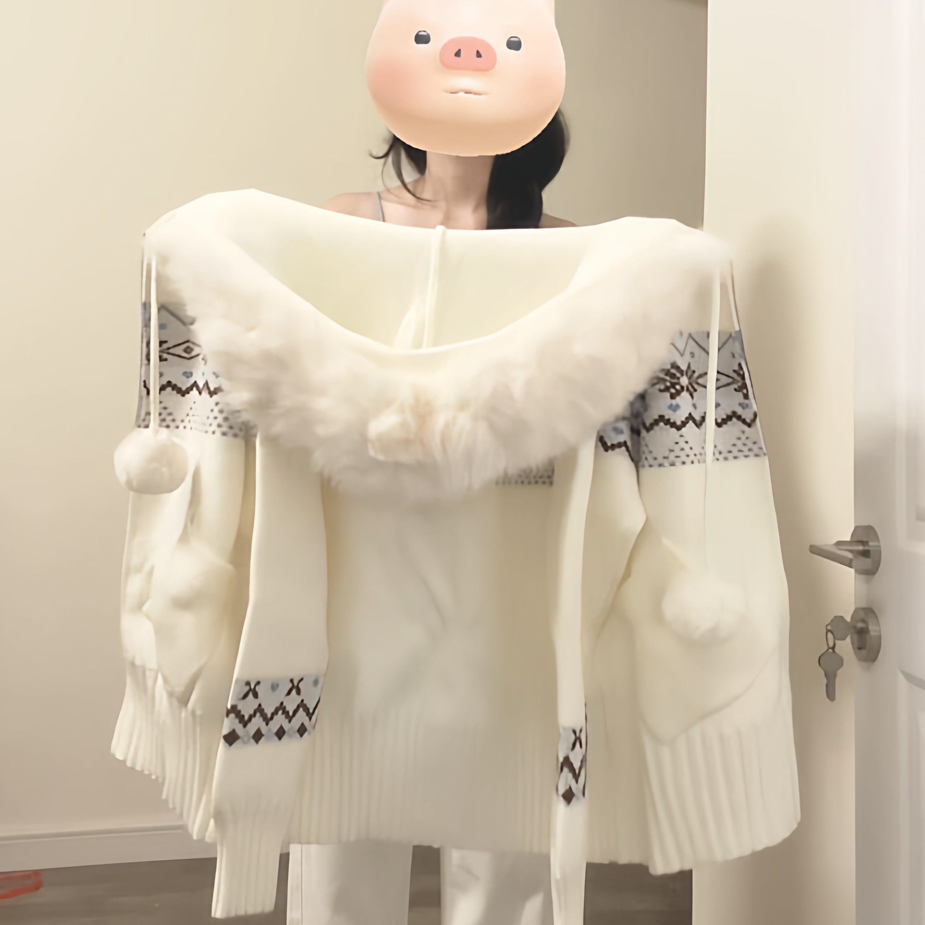 韩系白色费尔岛毛衣开衫女秋冬宽松慵懒松弛高级感大毛领外套上衣,女装/女士精品,毛针织衫,淘宝优惠券,粉丝福利购,淘宝优惠卷