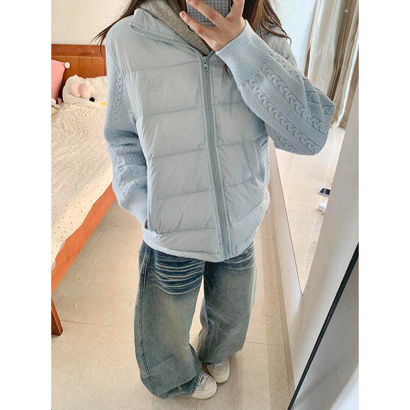 蓝色针织拼接羽绒棉服女秋冬2025新款设计感加厚保暖小个子短外套