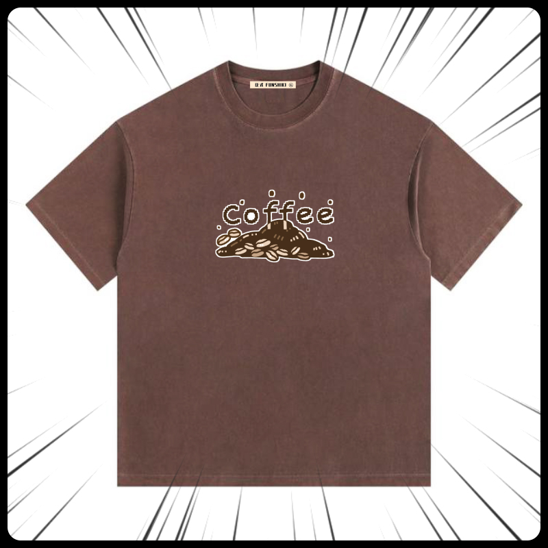 泛式2025水洗做旧重磅coffee像素风短袖T恤男女同款圆领落肩宽松