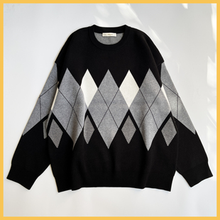 宽松落肩日常休闲流行针织毛线衫 2025新款 菱格毛衣圆领套头长袖