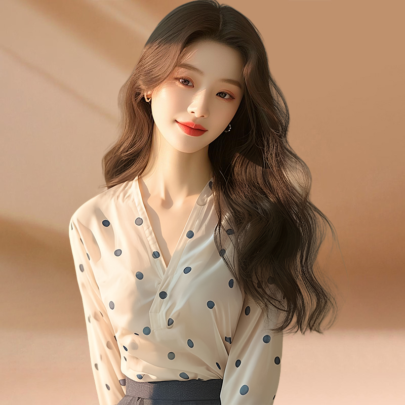 RIERA韩版网红ins潮小众气质上衣2024初秋新款中袖V领波点修身雪