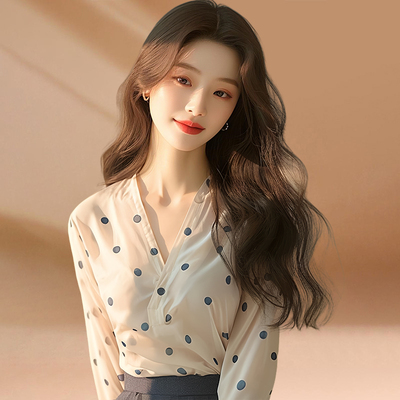 RIERA韩版网红ins潮小众气质上衣2024初秋新款中袖V领波点修身雪