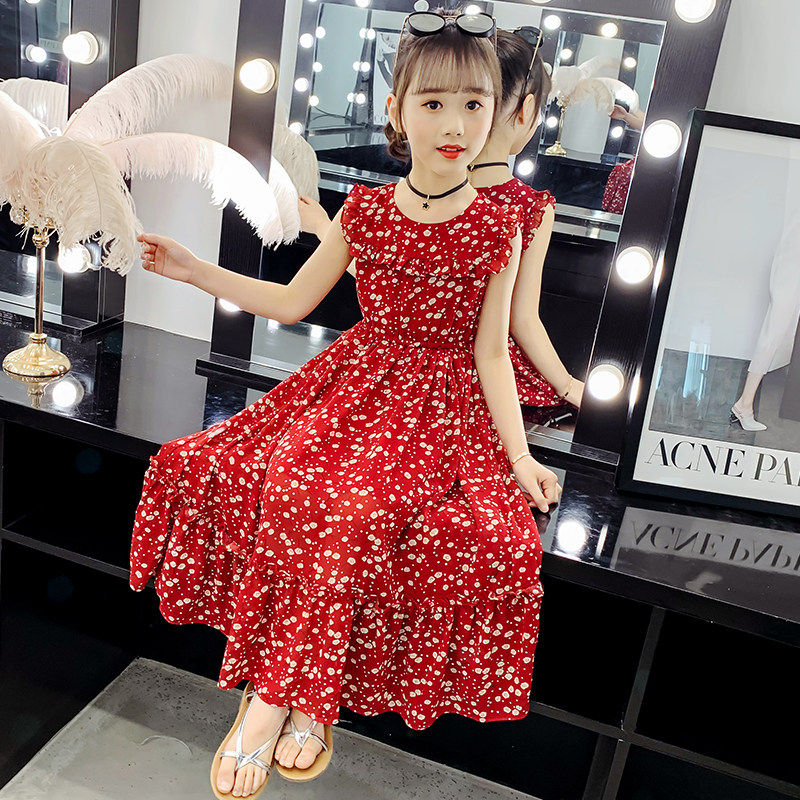 女童雪纺长裙2021新款夏装小中大童连衣裙圆点洋气中长款裙子时尚