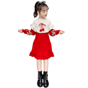 女童毛衣裙2025新款秋冬装针织衫外套中大童洋气套头新年裙中长款