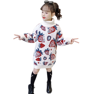 女童毛衣裙2025新款冬季加长款洋气翻领仿貂绒新年装加厚绒毛毛衣