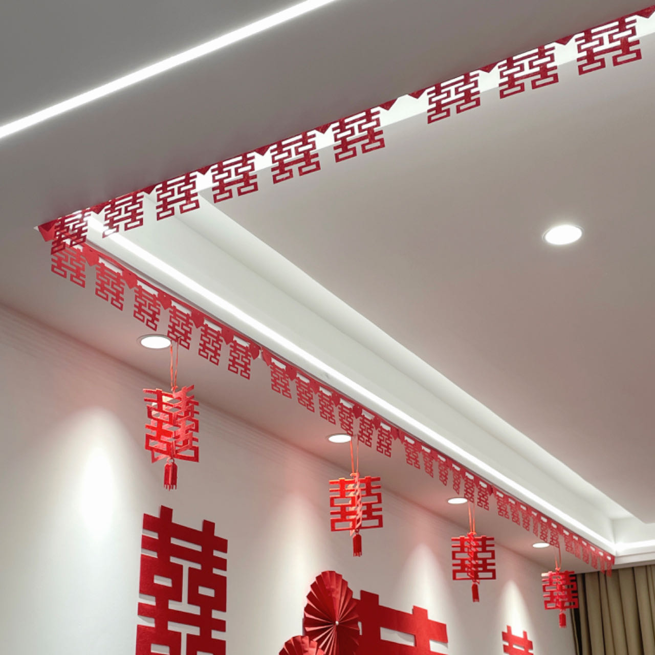 喜嫁婚品婚房客厅装饰喜帘无纺布喜字拉花灯笼吊顶新房卧室喜字