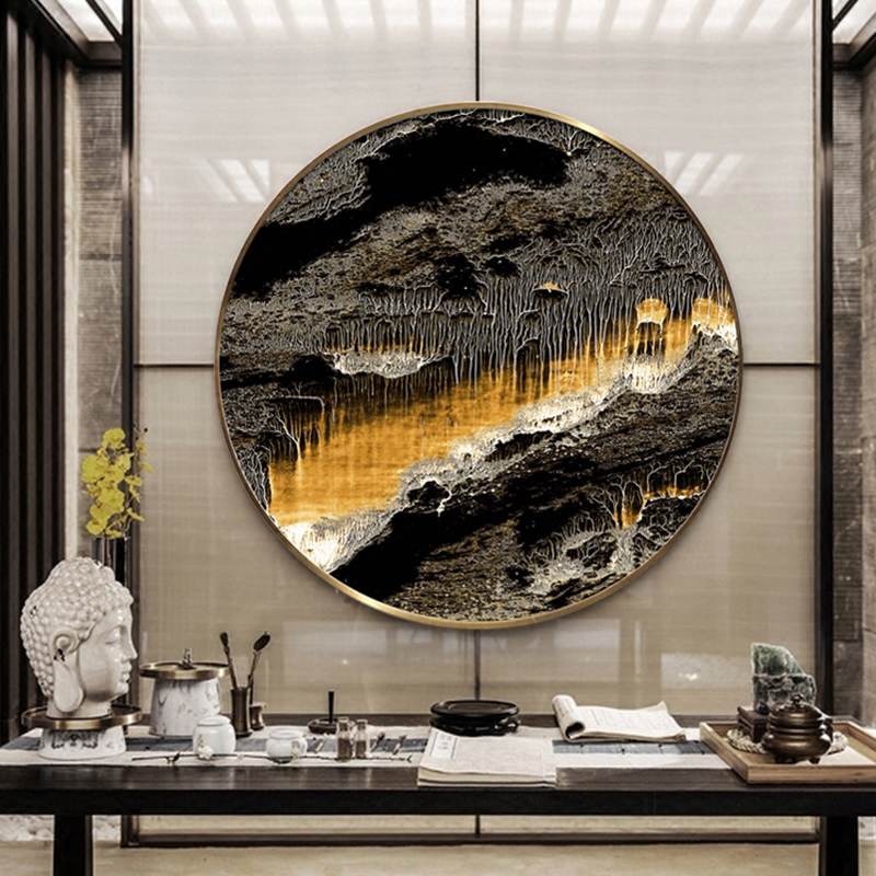 客厅装饰画圆形抽象画新中式壁画餐厅玄关挂画水墨禅意墙画松树图片