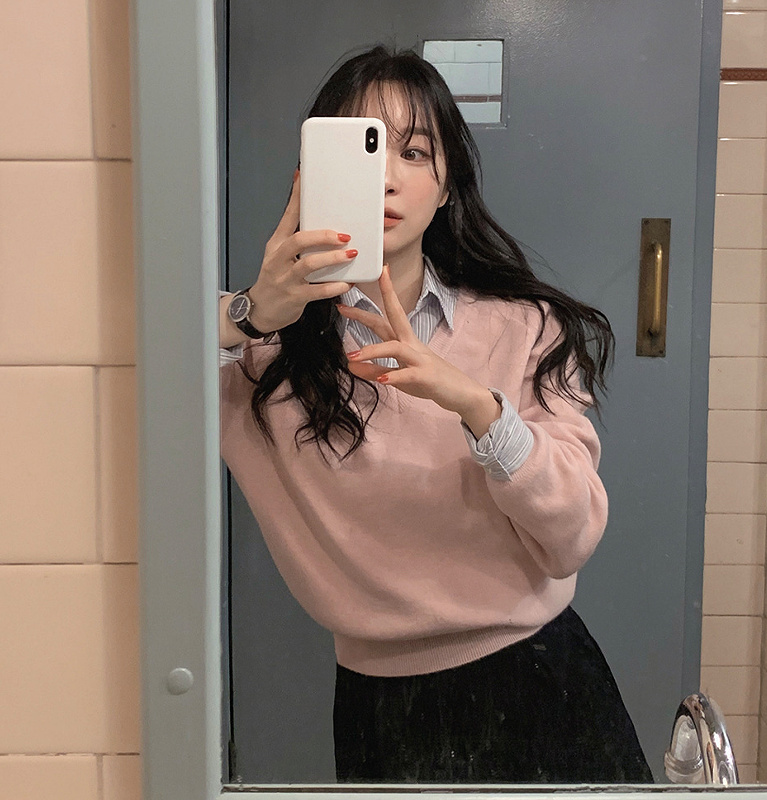 Slowand韩国官网自制女装代购23春 简约清新百搭V领插肩针织衫