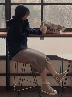 Slowand韩国官网自制女装代购24冬简约学院风竖纹后开叉半身裙