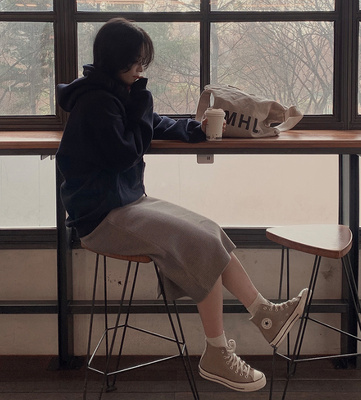 Slowand韩国官网自制女装代购24冬简约学院风竖纹后开叉半身裙