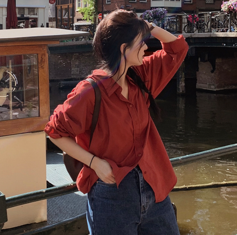 Slowand简约文艺感纯色长袖衬衫