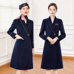 职业大衣女冬中长款售楼部空姐酒店前台工作服冬装毛呢子外套加厚