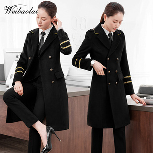 职业装毛呢大衣女中长款礼宾工作服乘务员黑色呢子外套工装冬加厚