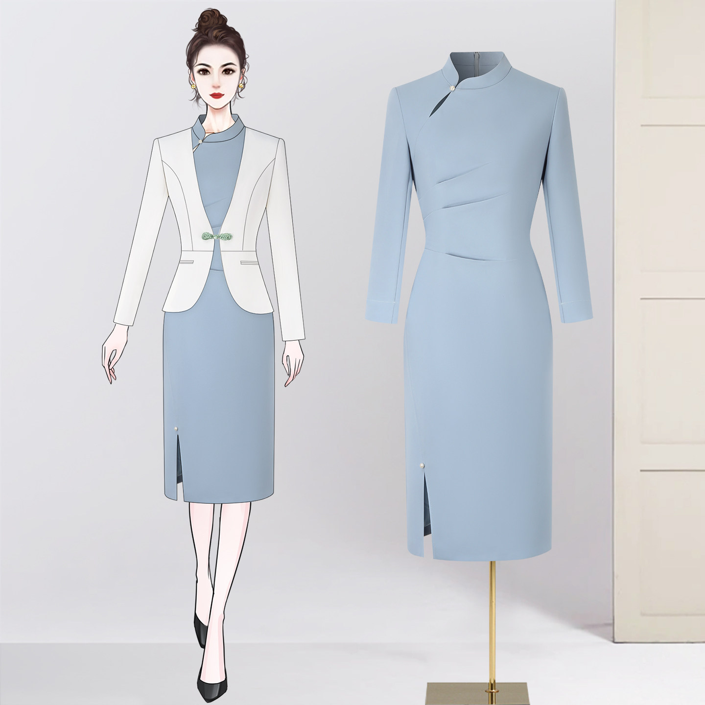 中式旗袍茶艺师养生馆茶楼工作服