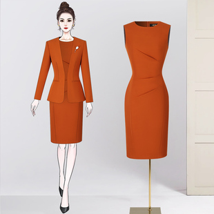 西装连衣裙两件套橘色职业套装女商务正装教师面试通勤女装工服春