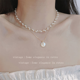 双层叠戴珍珠项链满天星贝壳花朵吊坠圆形简约小众锁骨链高级感女