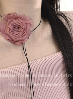 博主同款玫瑰花黑绳颈链小众甜美超仙设计感百搭腰链多用途项链