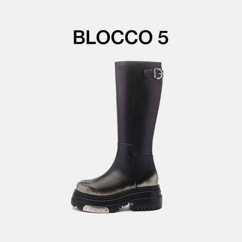 BLOCCO5厚底增高皮带扣骑士靴