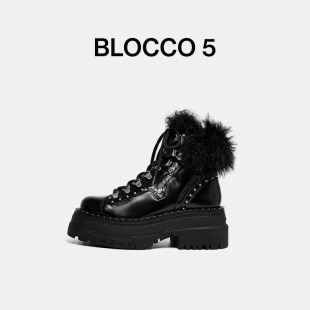 BLOCCO5女鞋 ROUND金属铆钉毛毛厚底增高马丁靴原创 秋冬中筒靴ALL