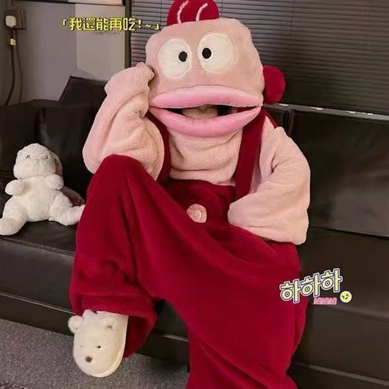 丑鱼汉顿可爱搞怪连体情侣睡衣男女冬季I加绒加厚珊瑚绒卡通家居