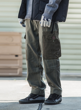 DSPLAY日潮军事风拼布多口袋工装裤余文乐修身直筒cargo长裤子男