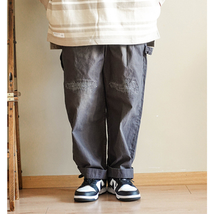 秋冬日系复古重磅刀割补丁工装裤做旧水洗蜡染休闲裤宽松廓形长裤