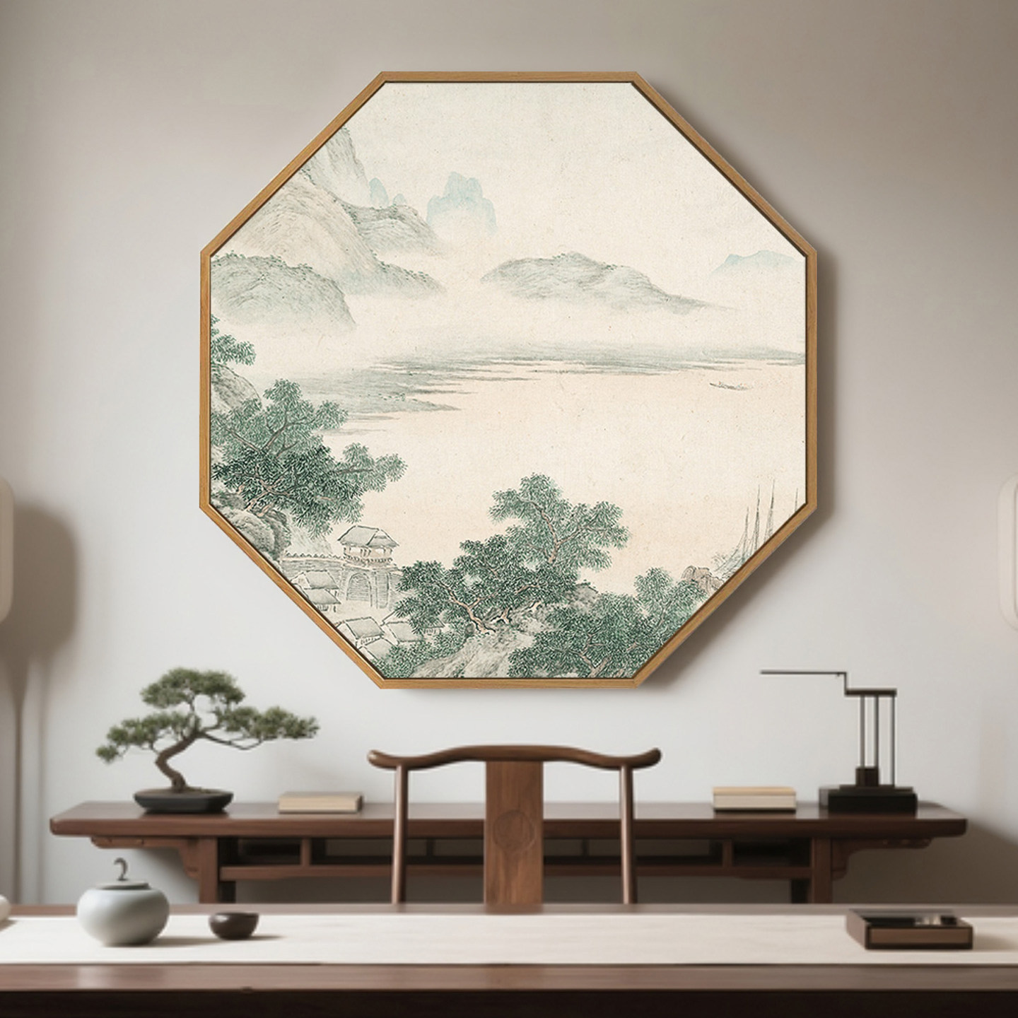 新中式玄关装饰画八边形入户茶室背景墙挂画禅意古风山水餐厅壁画