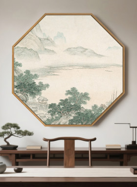 新中式玄关装饰画八边形入户茶室背景墙挂画禅意古风山水餐厅壁画