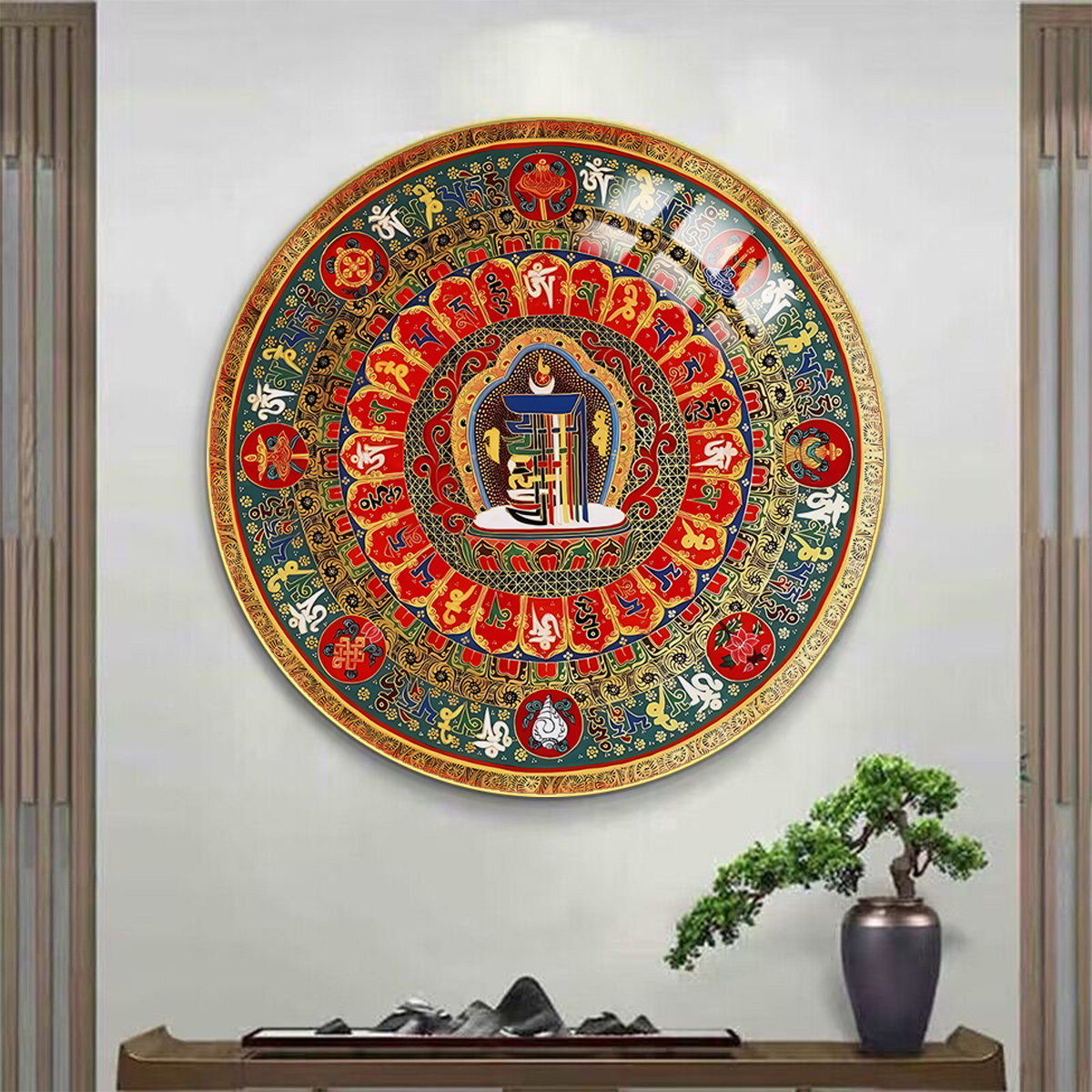 招财坛城圆形装饰画时轮金钢六字真言玄关客厅挂画藏族唐卡佛堂画
