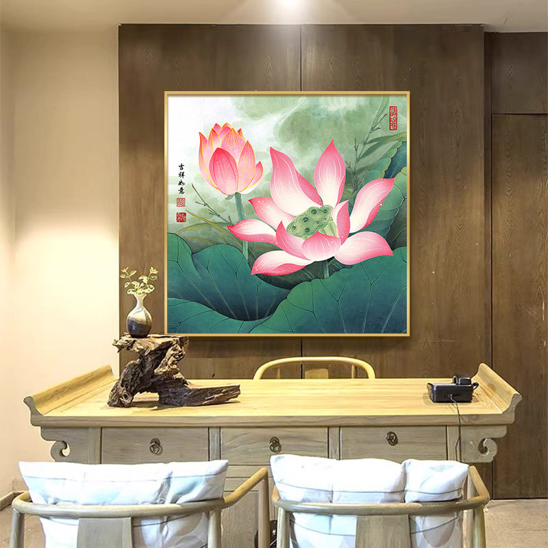 荷花装饰画新中式卧室挂画客厅餐厅莲花鲤鱼图墙画玄关卫生间壁画