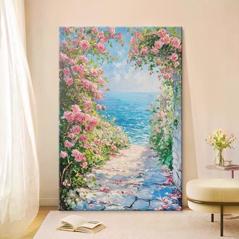 竖版花卉风景法式奶油风客厅沙发装饰画高级感玄关玫瑰背景墙挂画