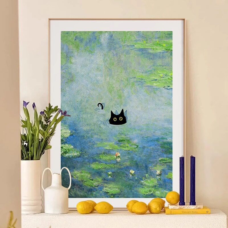 趣味搞笑黑猫咪油画装饰画梵高世界名画小众艺术挂画客厅卧室壁画