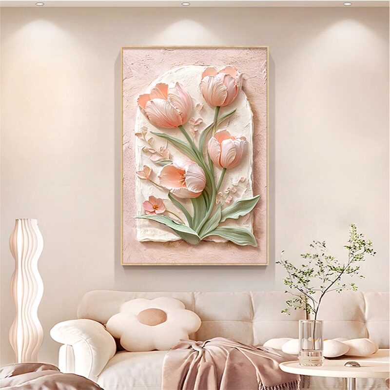 奶油风郁金香客厅装饰画花卉浮雕立体感沙发背景墙挂画玄关墙壁画