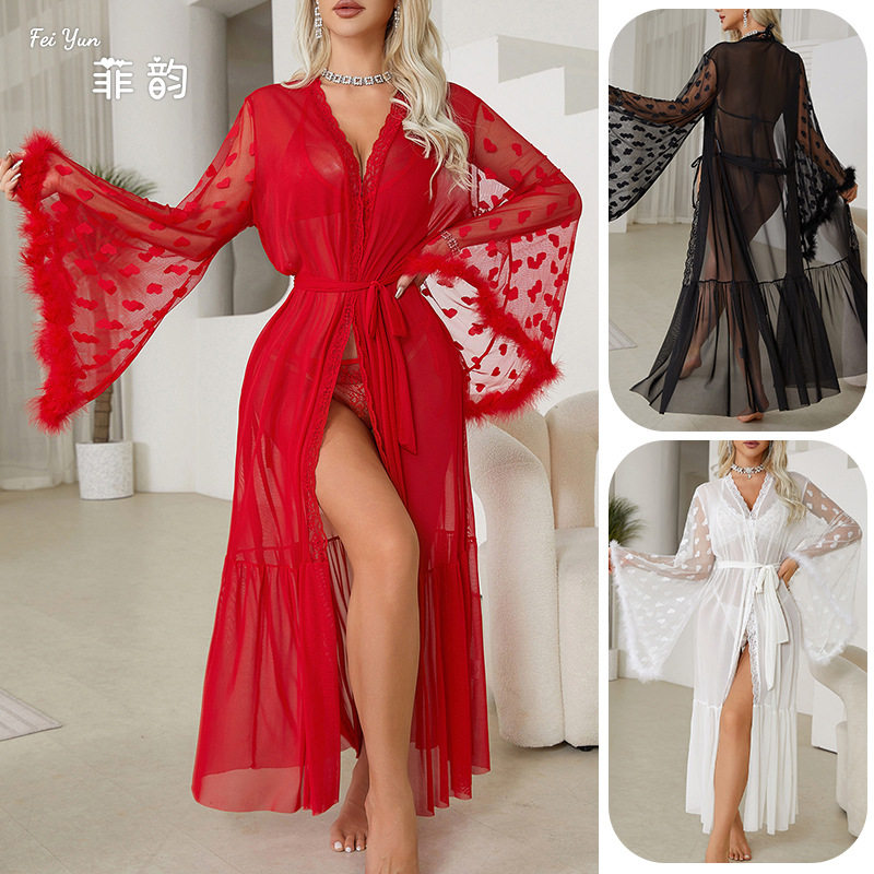 Women's mesh nightgown性感网纱睡袍诱惑内衣开衫睡衣女浴袍