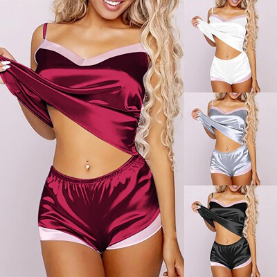 Sexy sleepwear silk camisole vest+shorts set女吊带短裤睡衣