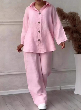 5XL plus size women's cotton and linen shirt+pants set