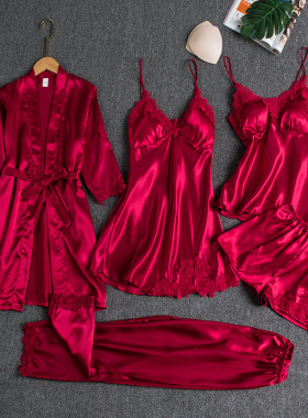 Large size sexy pajamas ice silk thin bathrobe 5-piece set