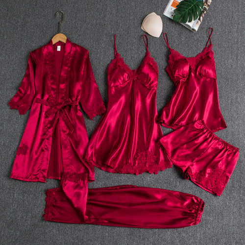 Large size sexy pajamas ice silk thin bathrobe 5-piece set